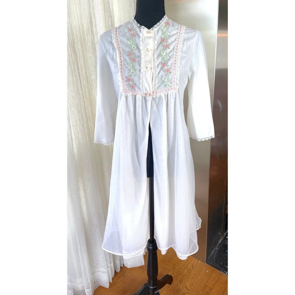 Vintage 80s robe, white and pink delicate night gown, FrenchMaid